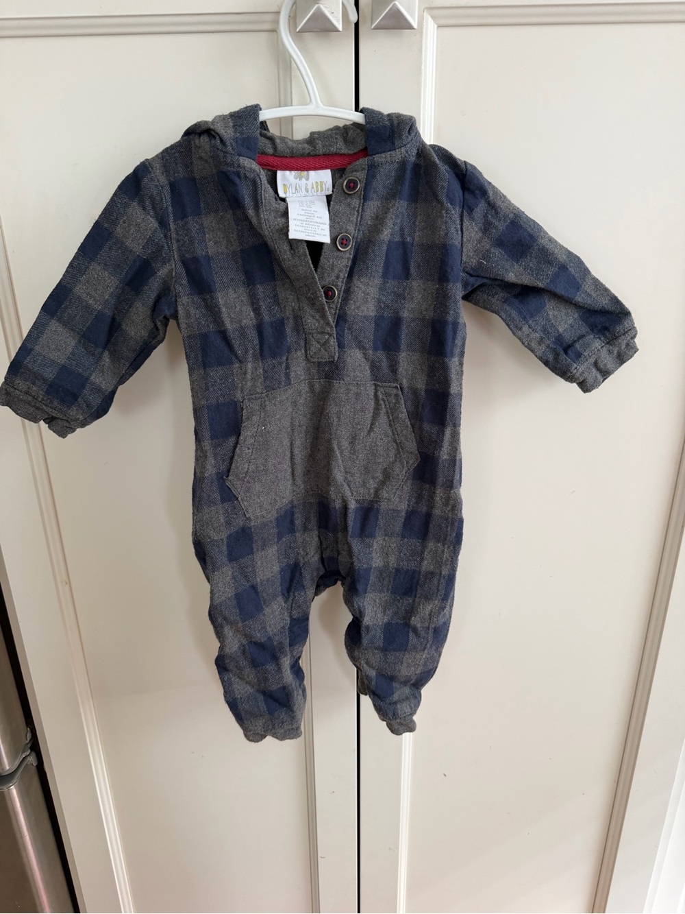 Dylan & Abby 3-6m Blue & Gray Plaid Hooded Baby Romper